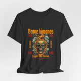 Graphic Tee — 'Brave Kimonos' Flaming Skull Design, Fight the Noise Band Shirt