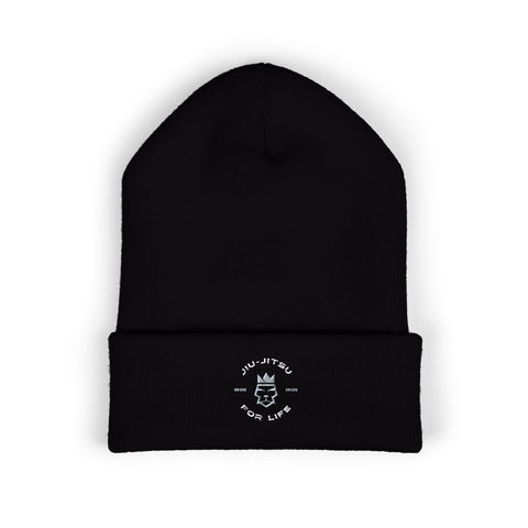 Embroidered Crown Stripe Beanie — Classic Cuffed Winter Hat