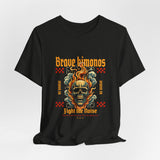 Graphic Tee — 'Brave Kimonos' Flaming Skull Design, Fight the Noise Band Shirt